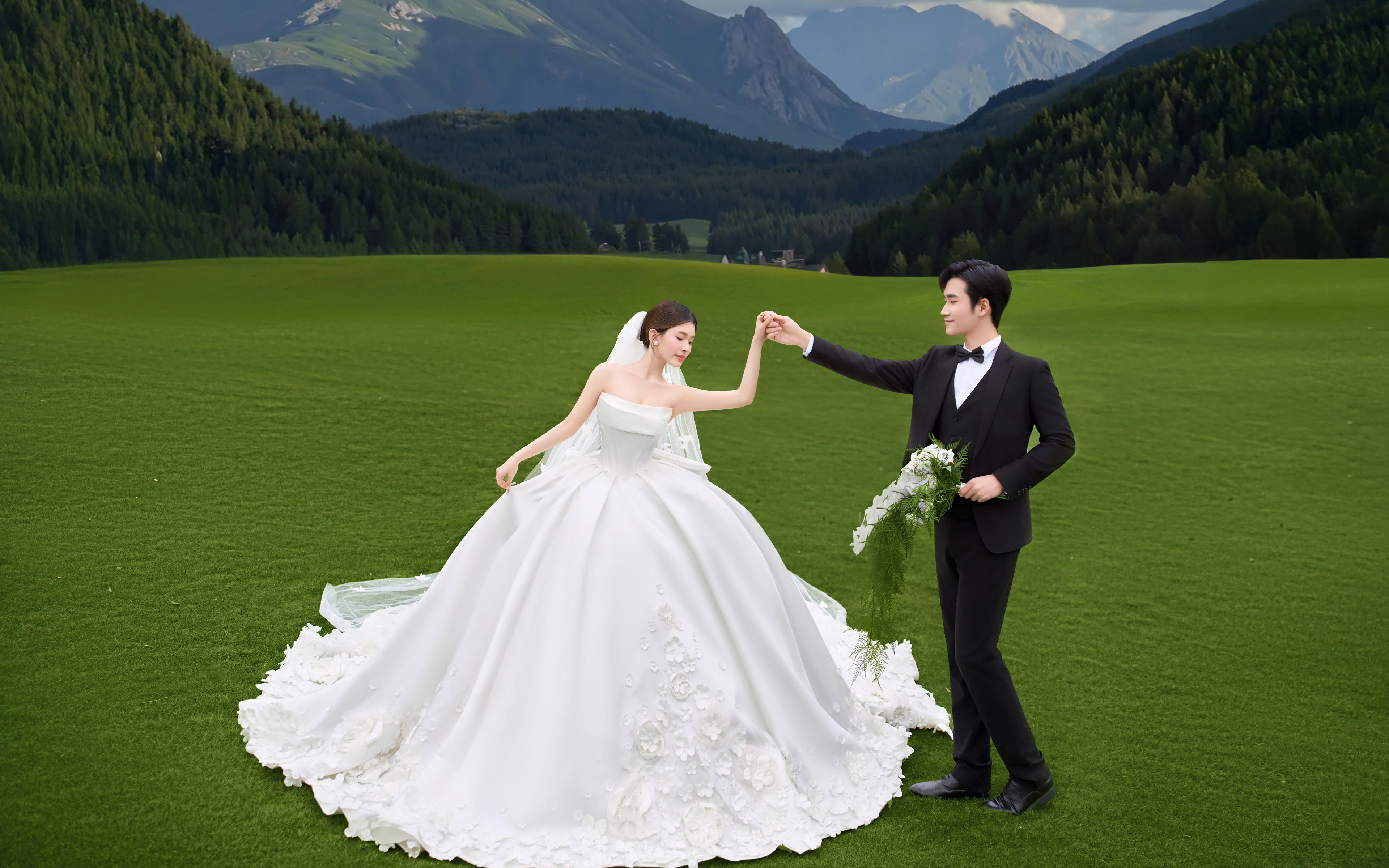 緞面大拖尾草坪婚紗照 