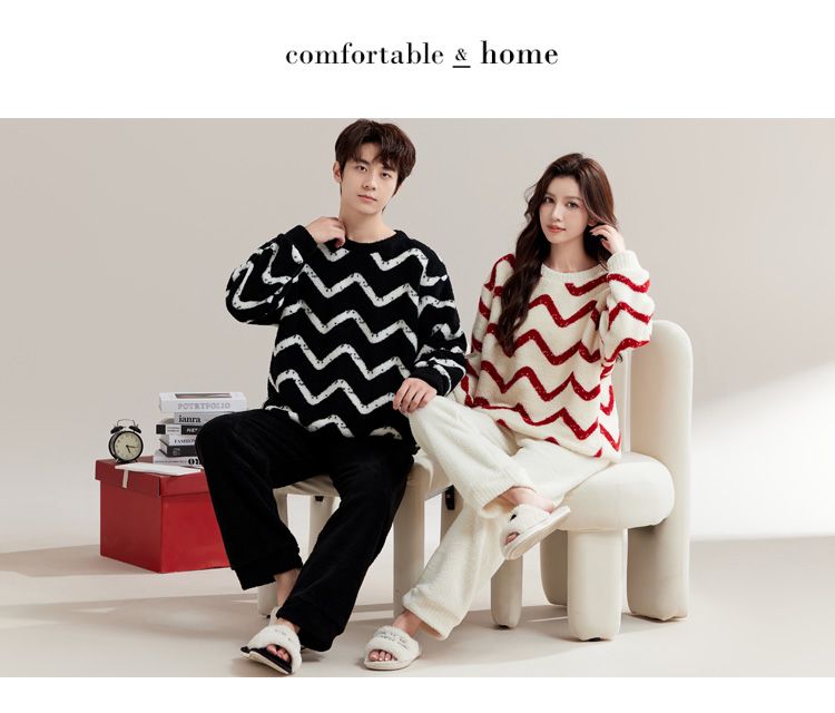 瑚绒情侣睡衣秋冬季红色结婚新婚套装女士保暖半边绒男士家居服