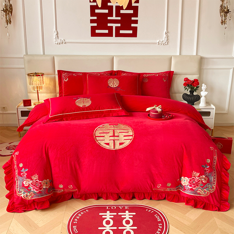 新款结婚高克重全工艺牛奶绒宝宝绒刺绣婚庆四件套