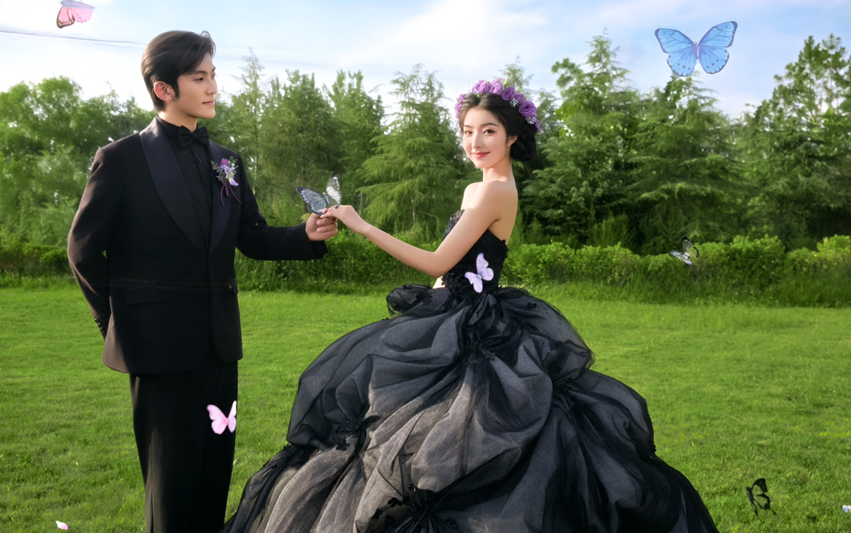 草坪黑紗花瓣婚紗照
