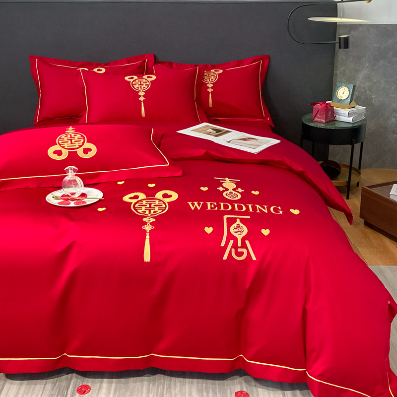 婚慶四件套新中式磨毛刺繡965587（床單+被套+2個枕套）