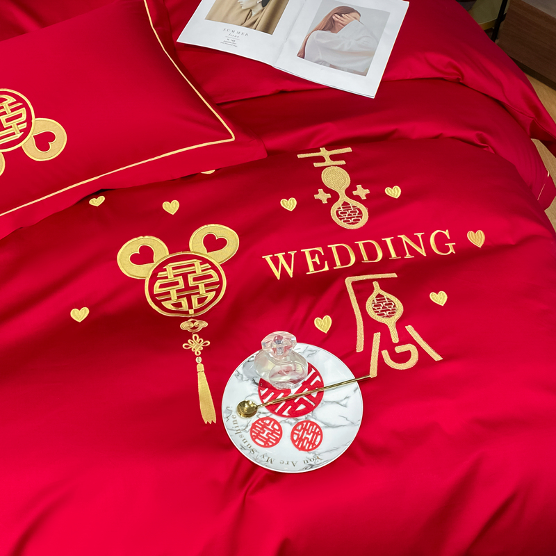 婚慶四件套新中式磨毛刺繡965587（床單+被套+2個枕套）