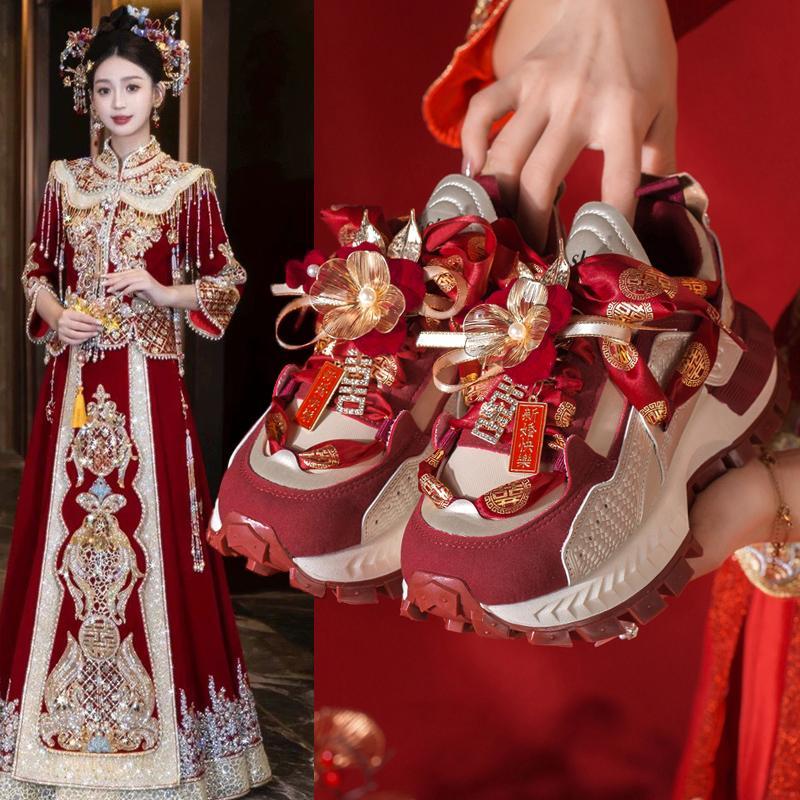 紅色漢服秀禾婚紗兩穿平底厚底增高老爹鞋
