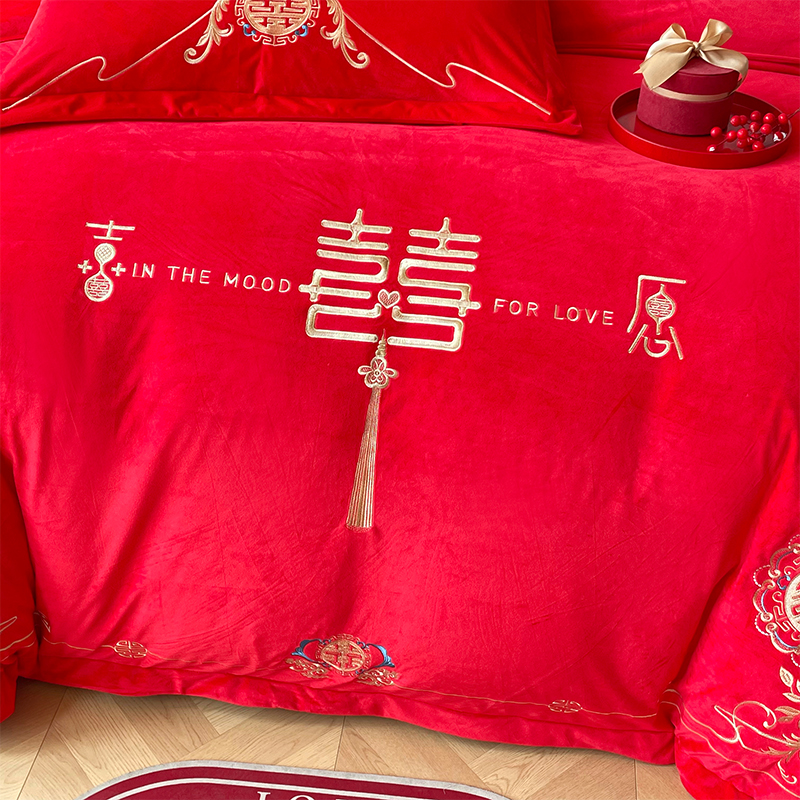 新款结婚高克重全工艺牛奶绒宝宝绒刺绣婚庆四件套