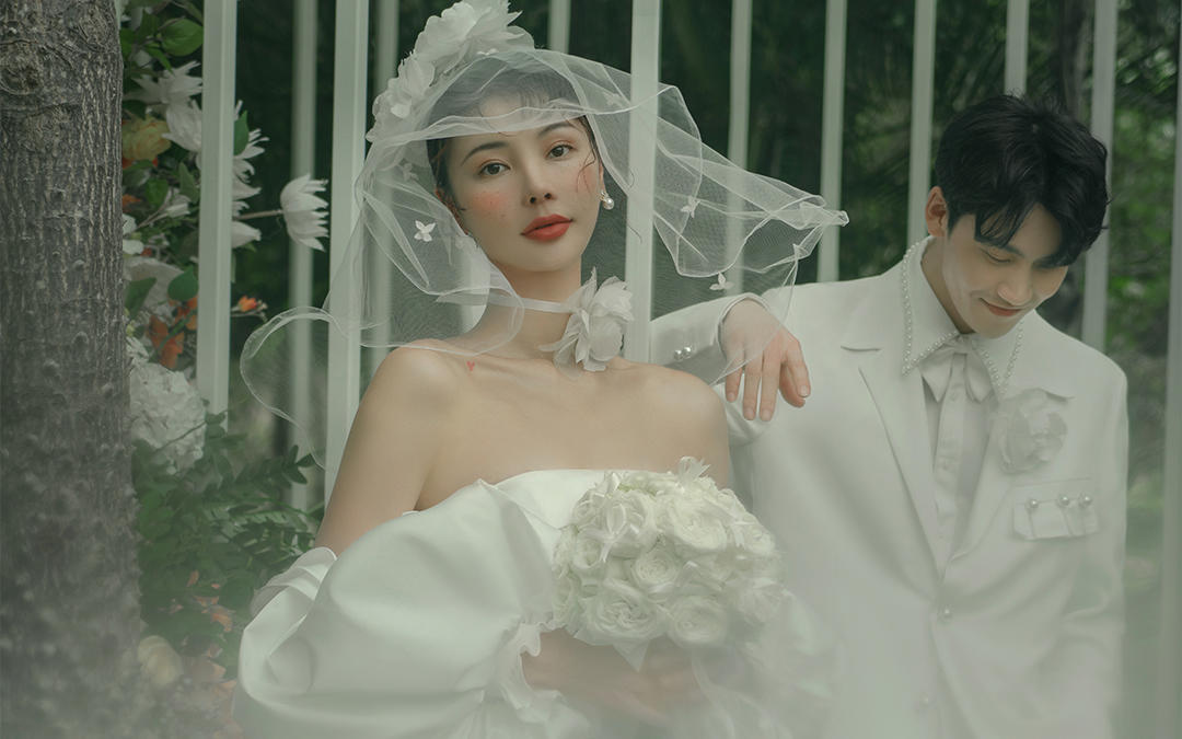 凤凰谷白色鸟笼婚纱照，复古风白纱裙，梦回民国