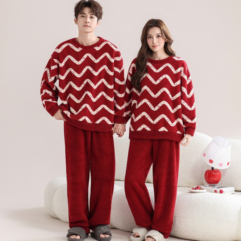 瑚绒情侣睡衣秋冬季红色结婚新婚套装女士保暖半边绒男士家居服