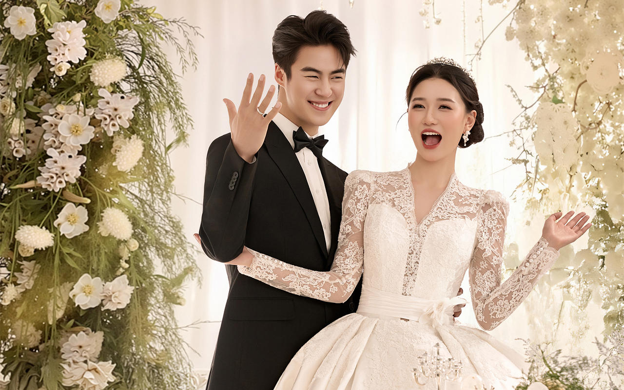 当缎面婚纱遇上韩式温柔，是心动的模样