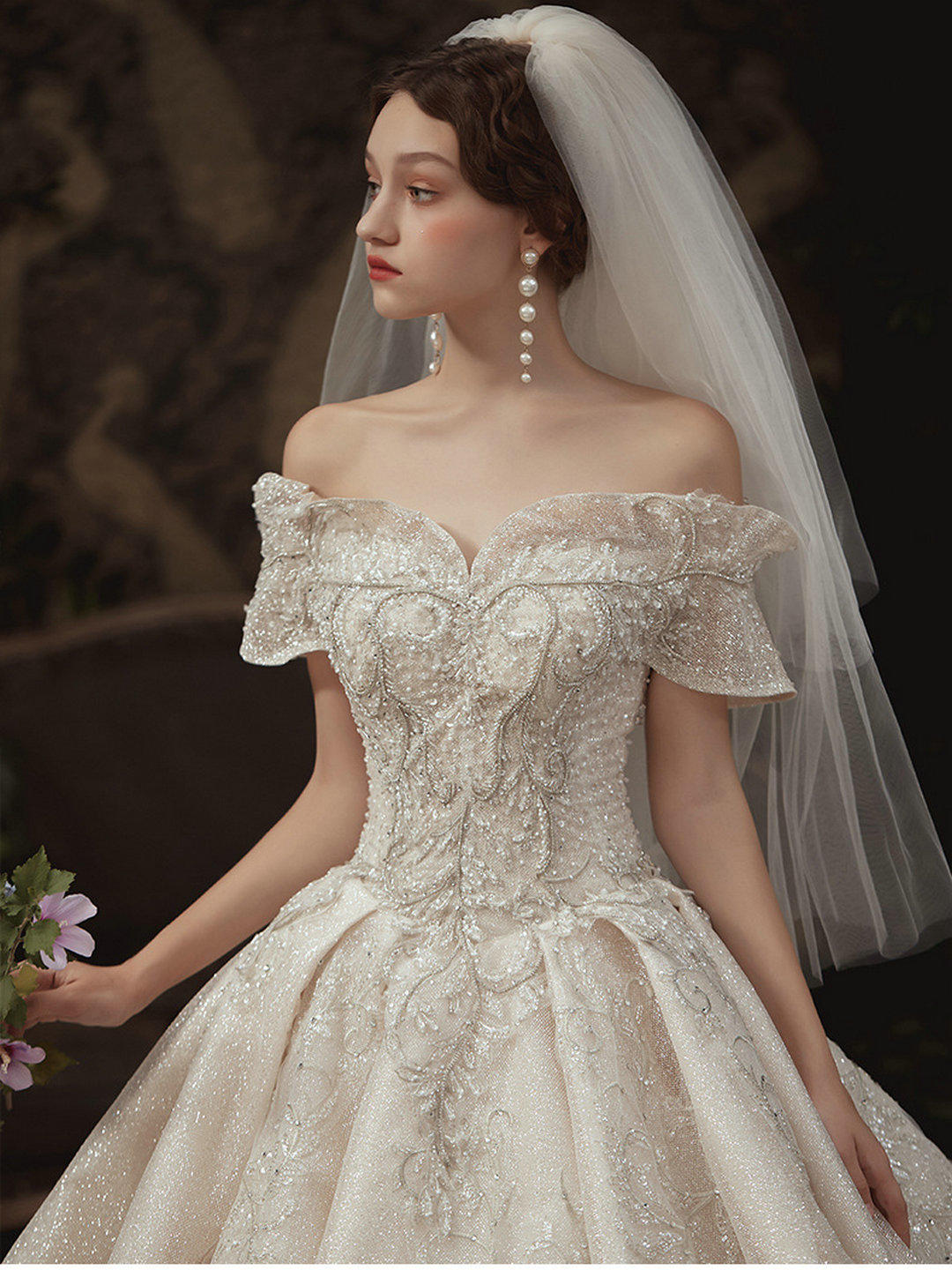 【仪式主婚纱】一字肩豪华大拖尾5件套