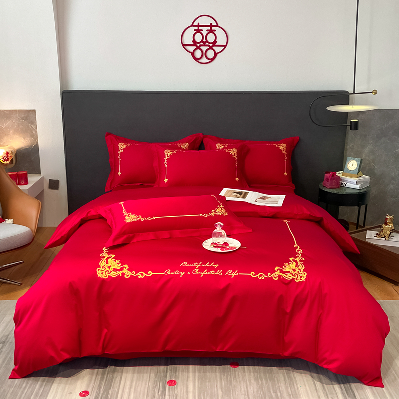 婚慶四件套新中式磨毛刺繡965587（床單+被套+2個枕套）