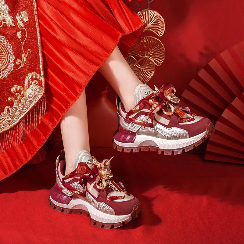 紅色漢服秀禾婚紗兩穿平底厚底增高老爹鞋