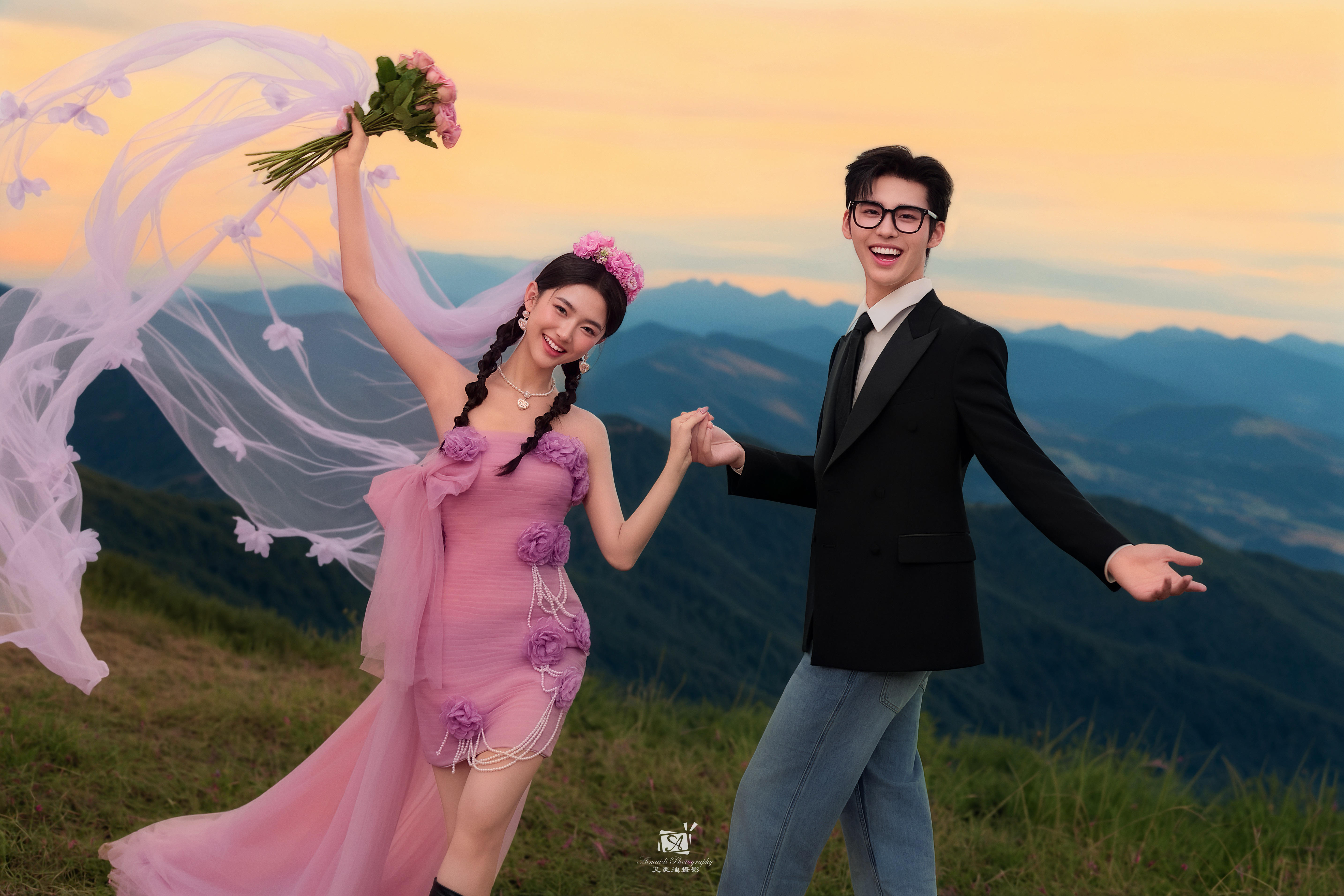 當(dāng)粉色婚紗邂逅遠(yuǎn)山晚霞