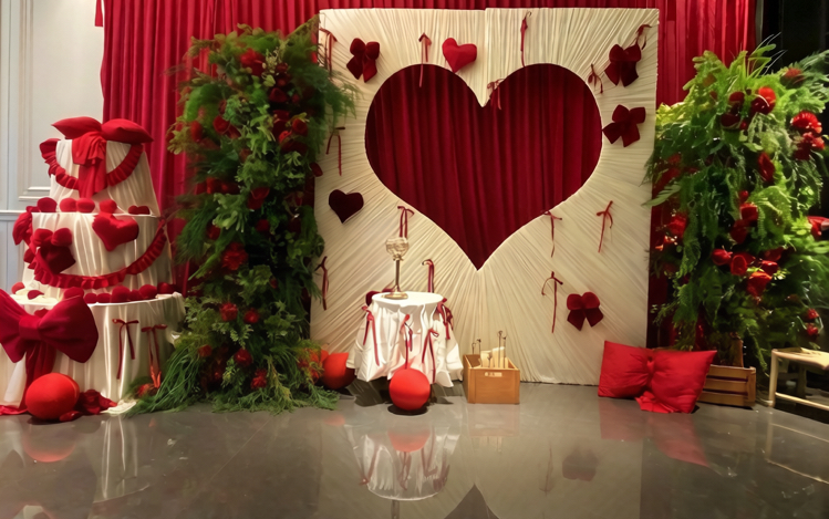 红色小众订婚，桃心背景