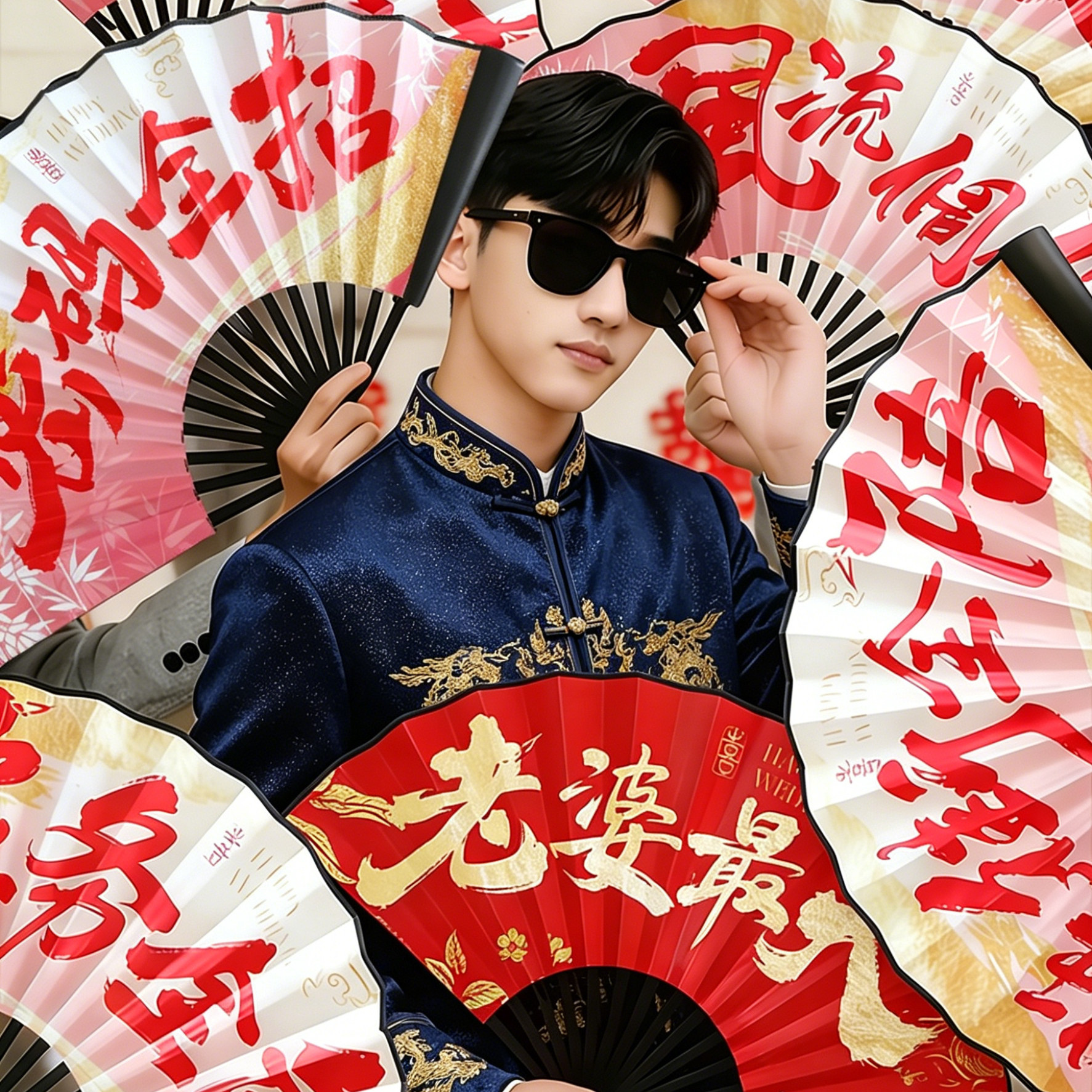 接亲新郎伴郎团国潮风折扇迎亲双面扇子中式个性游戏结婚拍照道具