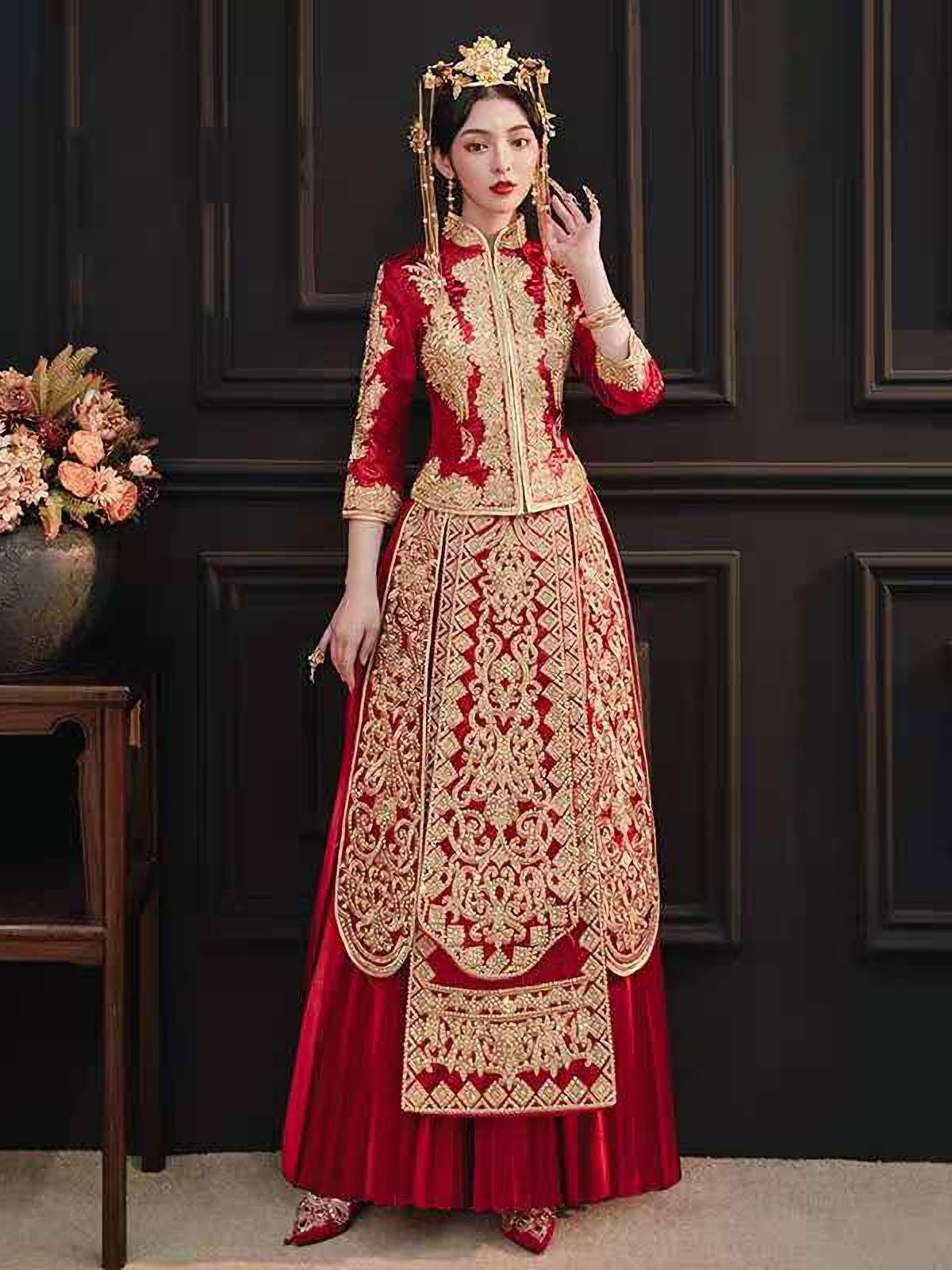 2020秋冬新款缎面主纱秀禾服敬酒服带跟妆三件套