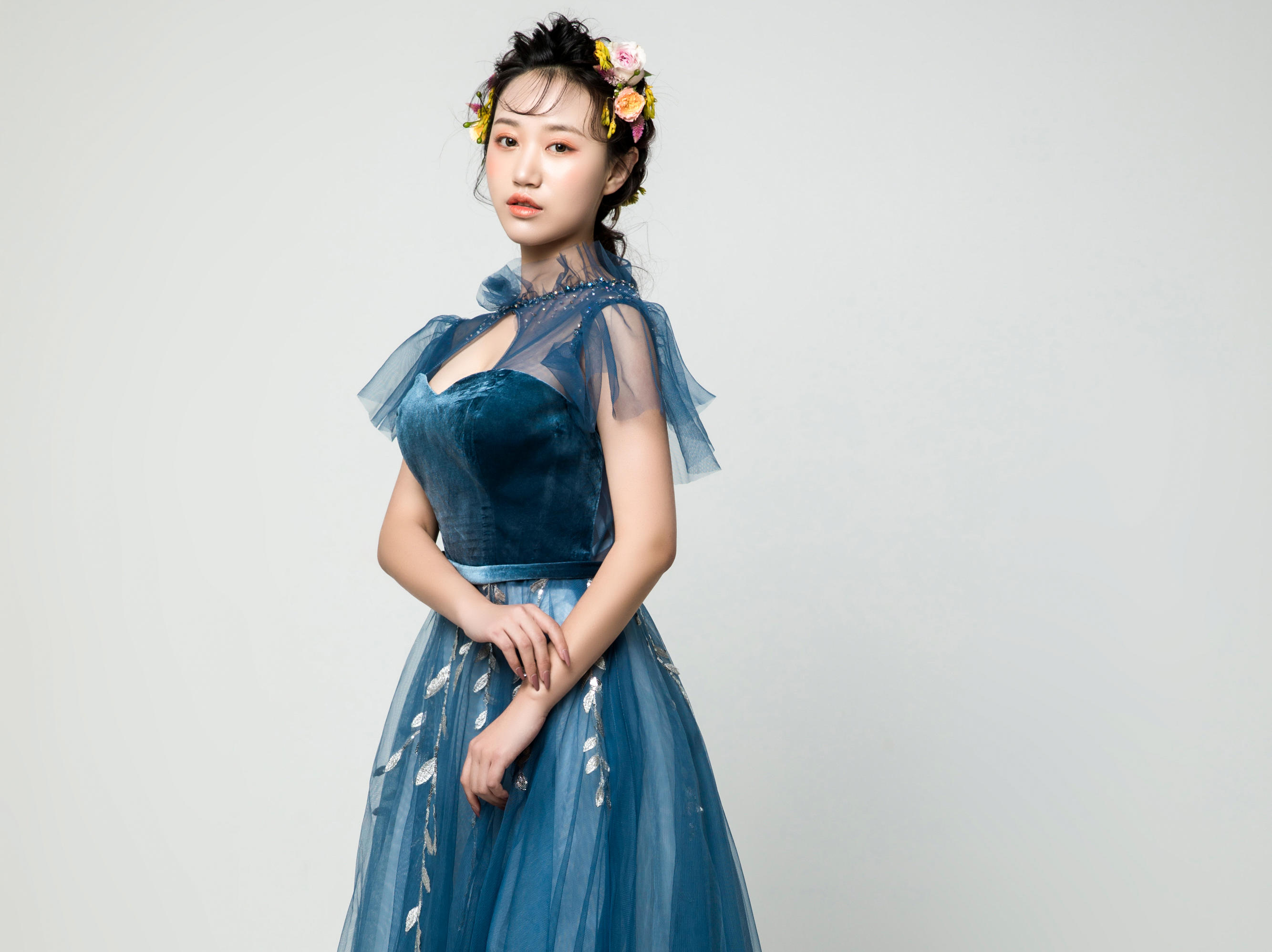 【VANSTAR】高腰A森系甜美深蓝色敬酒礼服