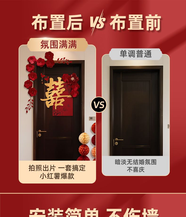 婚房布置套裝喜字門貼 結(jié)婚用品婚禮裝飾女方男方臥室專用喜字