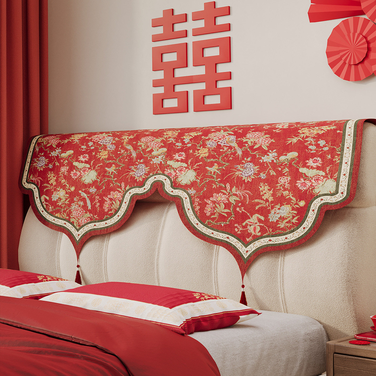 床头盖布结婚红色新婚婚房喜庆布置床头罩床头防尘罩盖巾