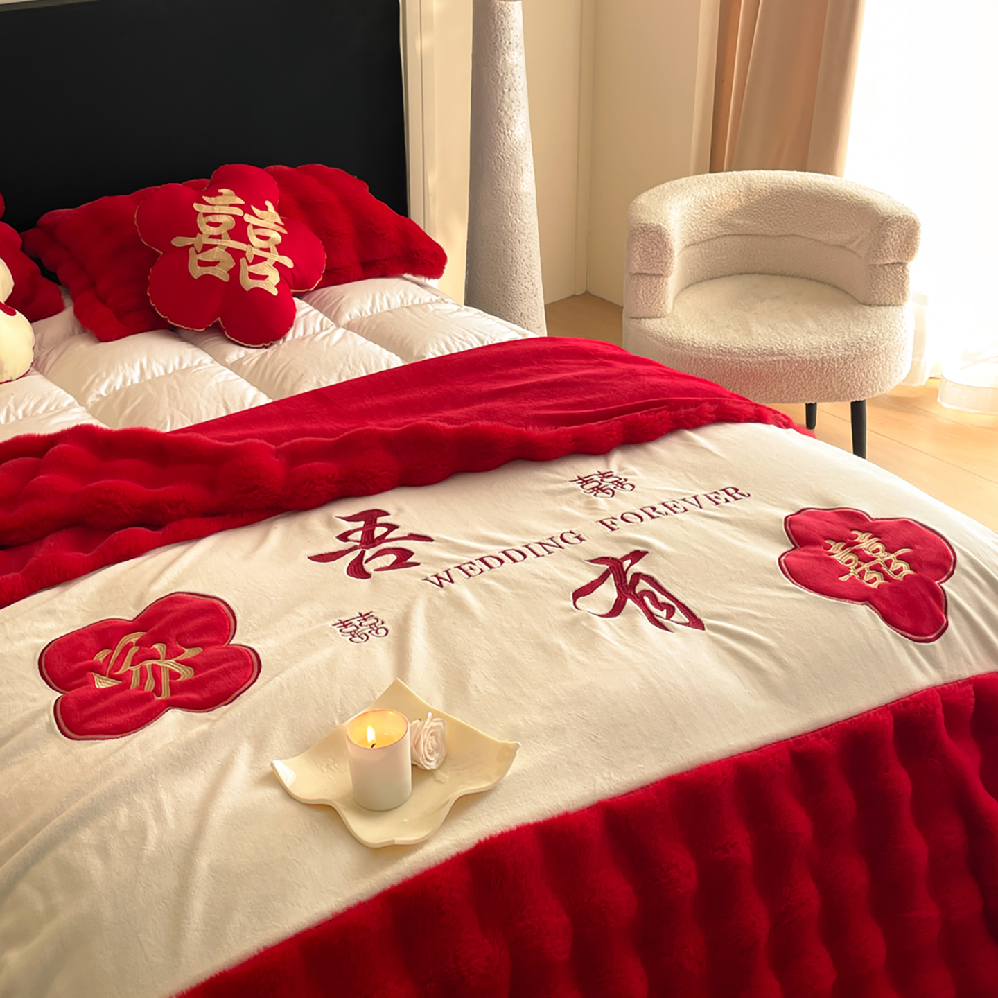 新款婚庆兔毛绒多功能毛毯被套两用豆豆被