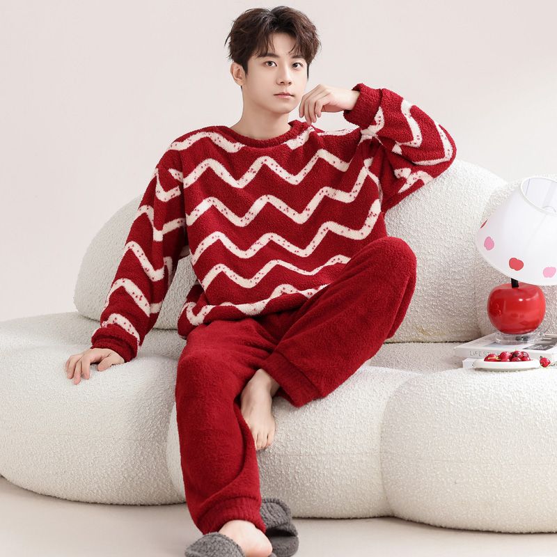 瑚绒情侣睡衣秋冬季红色结婚新婚套装女士保暖半边绒男士家居服