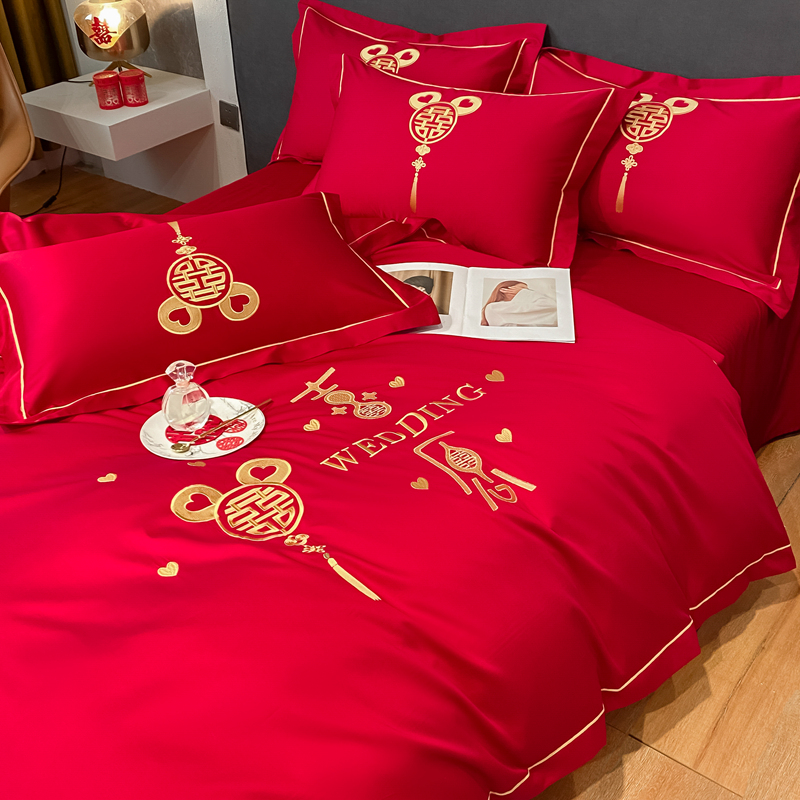 婚慶四件套新中式磨毛刺繡965587（床單+被套+2個枕套）