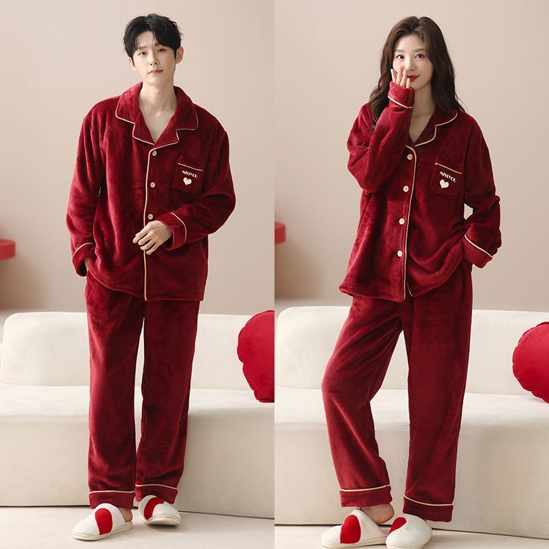 秋冬季法蘭絨紅色情侶睡衣