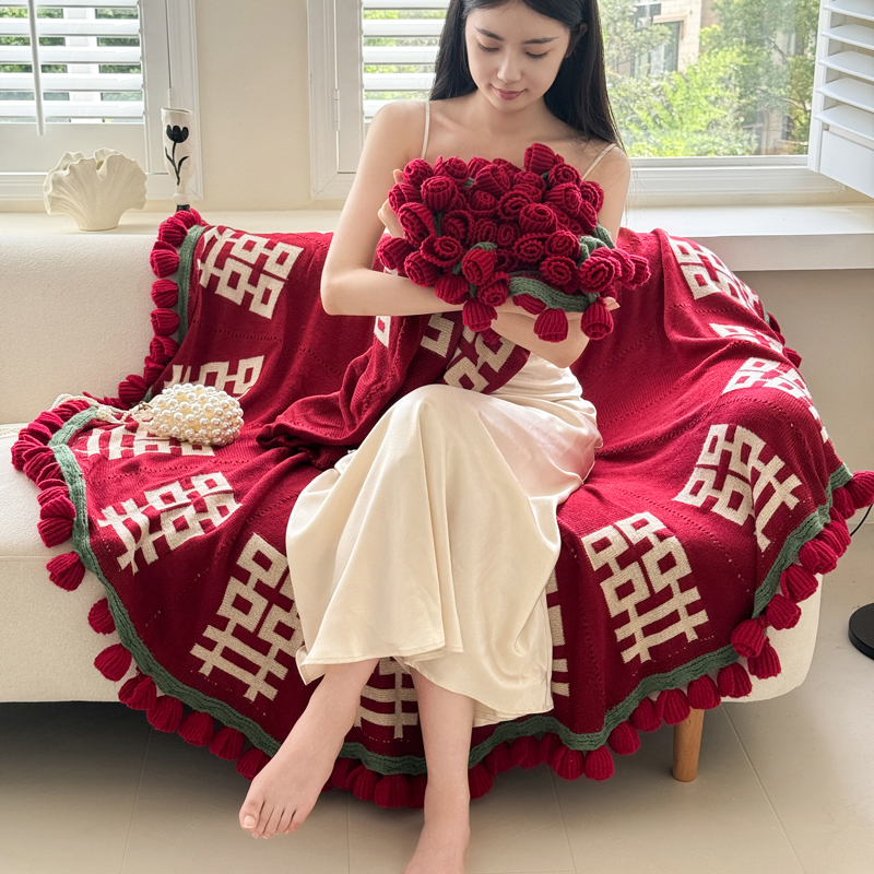 新款结婚订婚红双喜玫瑰花花束针织毯毛毯披肩盖毯