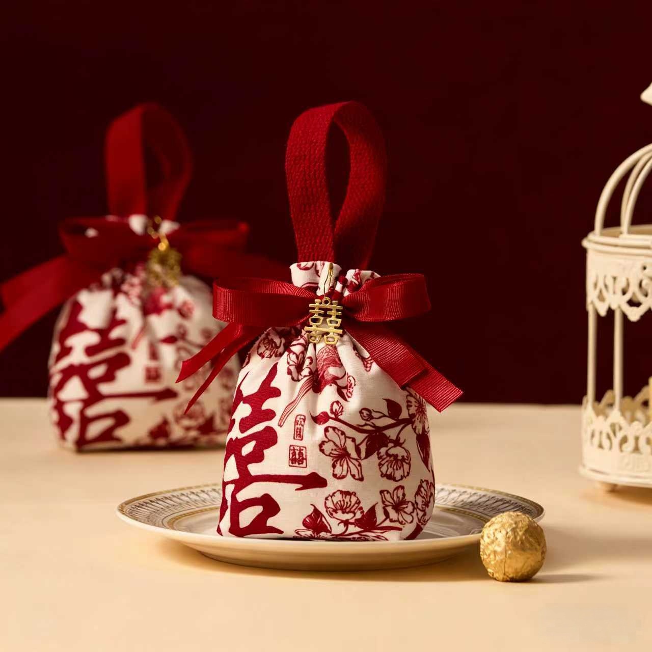 10個起 結(jié)婚喜糖袋子婚禮布袋手提糖果袋