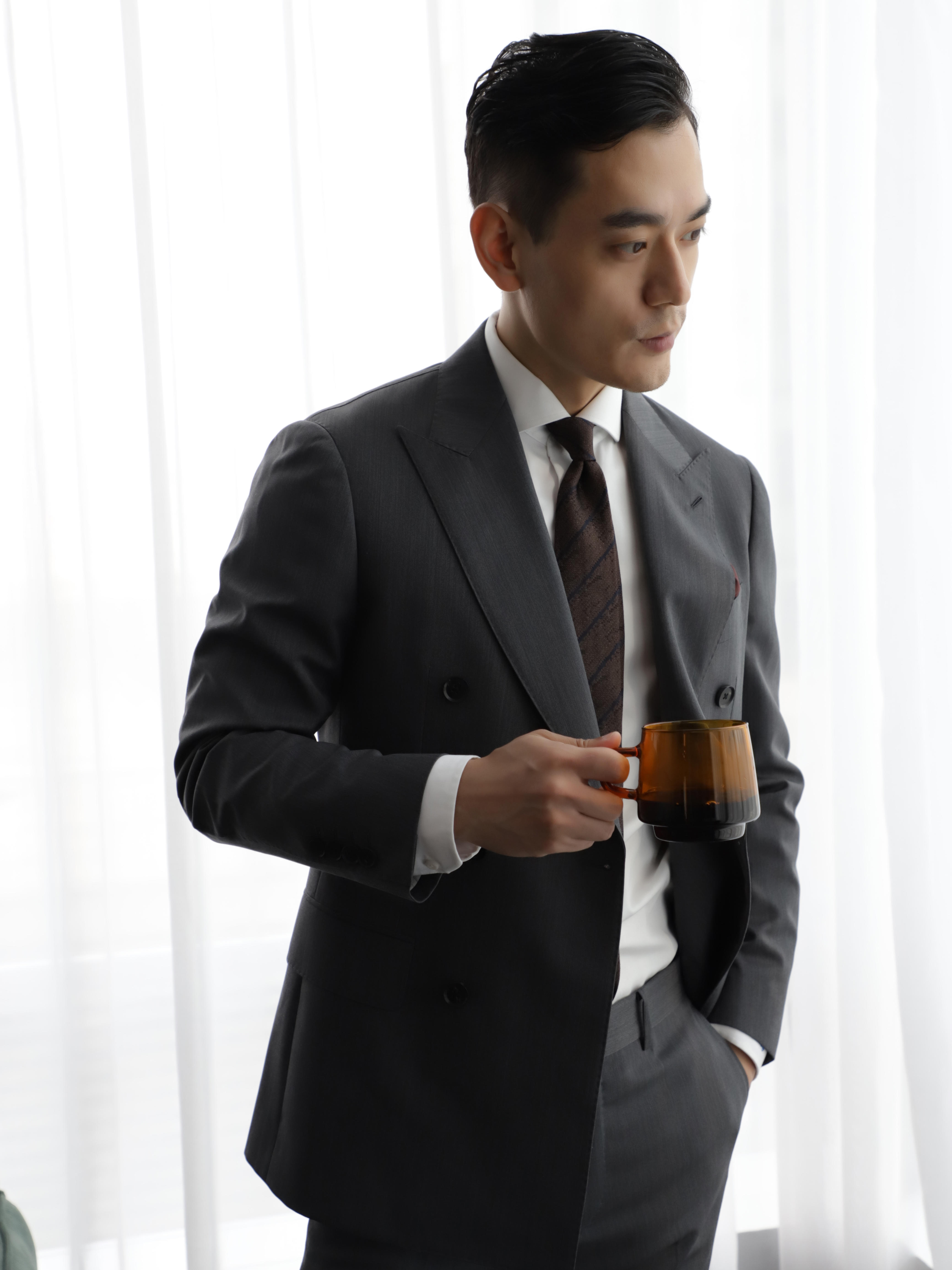 婚礼西服|商务西服|男士灰色人字纹西服