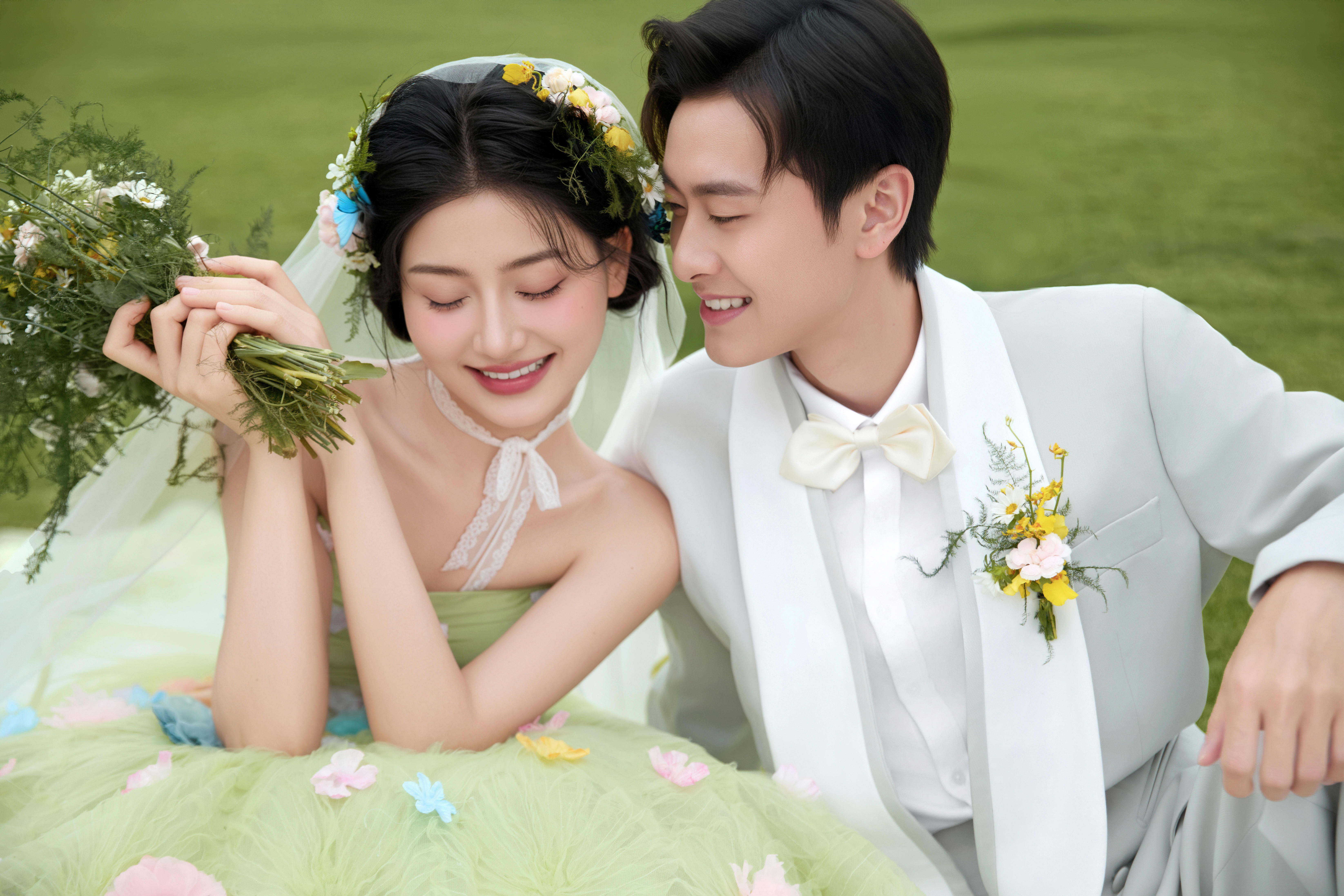 花神降临的氛围感|浪漫草坪风婚纱照