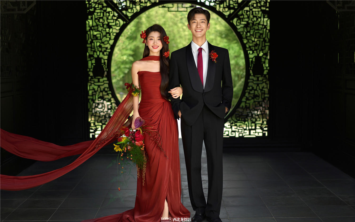 【西北龙摄影】红色新中式园林风婚纱照