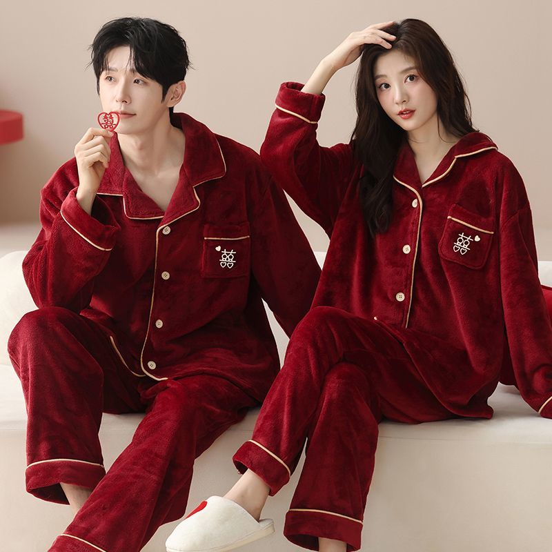 秋冬季法蘭絨紅色情侶睡衣
