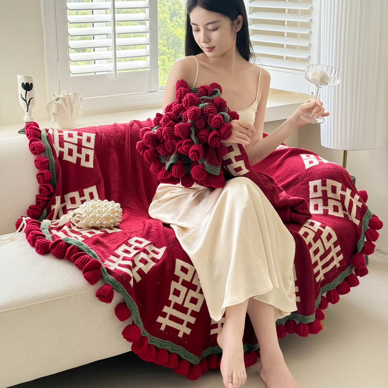 新款结婚订婚红双喜玫瑰花花束针织毯毛毯披肩盖毯