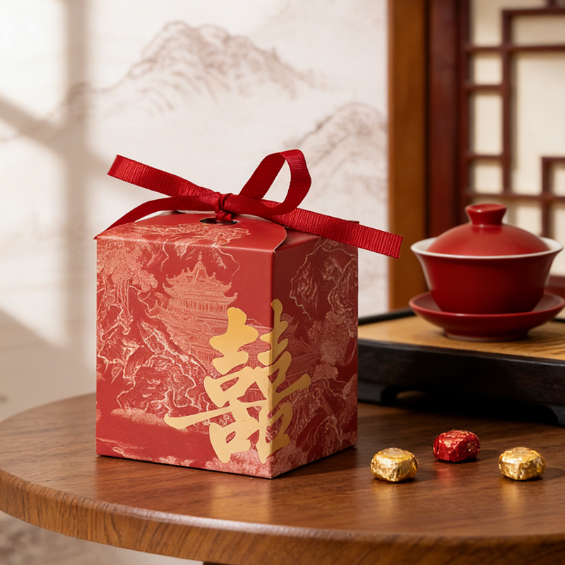 50个喜糖盒红色喜字方形8cm*8cm*9.5cm