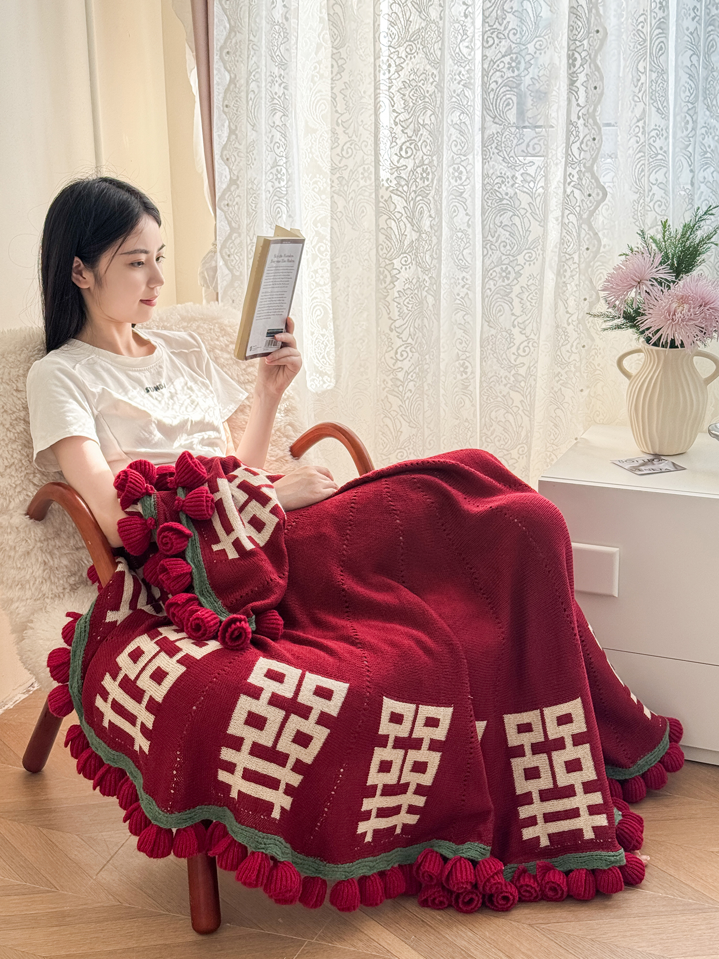 新款结婚订婚红双喜玫瑰花花束针织毯毛毯披肩盖毯