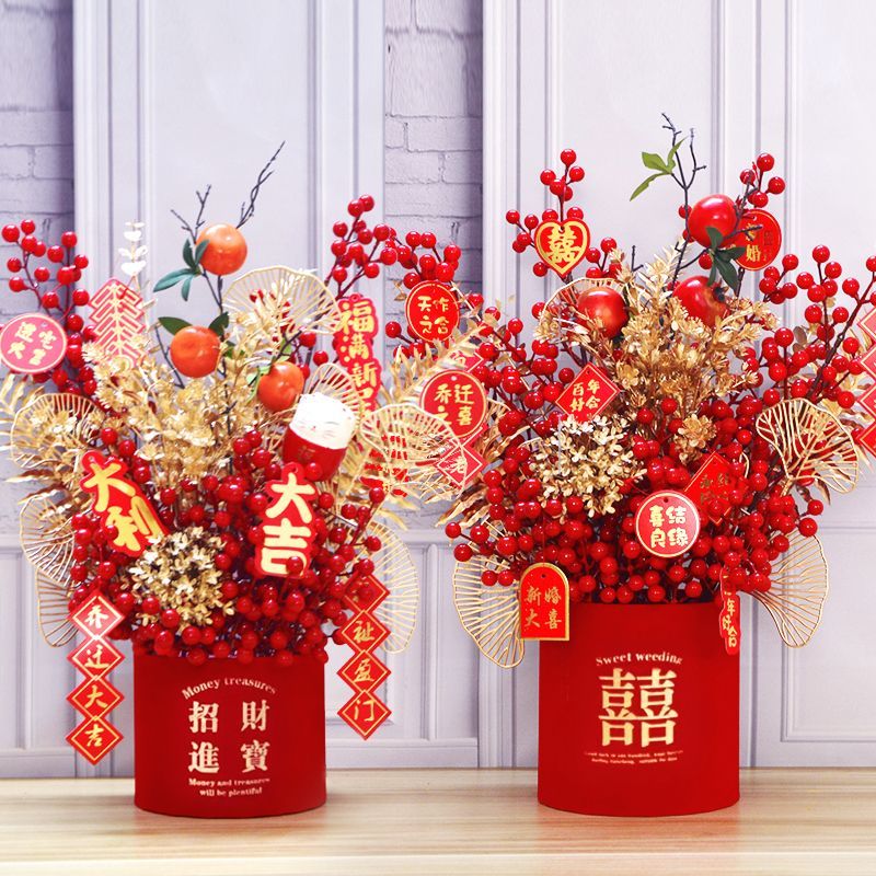 仿真花发财果福桶插花摆件