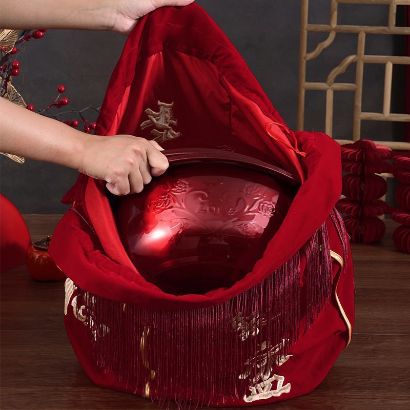 結(jié)婚包袱皮刺繡束口福袋女方陪嫁聚寶盆抽拉包裹紅布婚慶用品大全