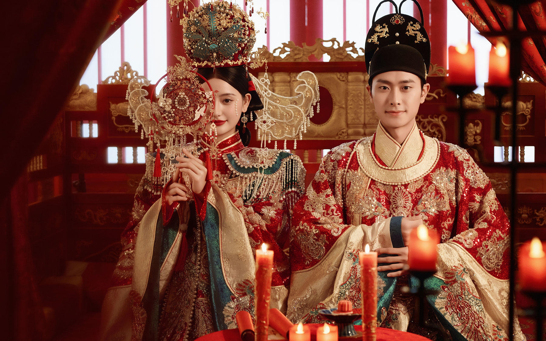 明制凤冠婚纱照～团扇遮面，烛火裹喜意