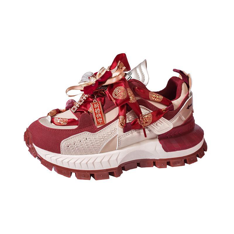 紅色漢服秀禾婚紗兩穿平底厚底增高老爹鞋