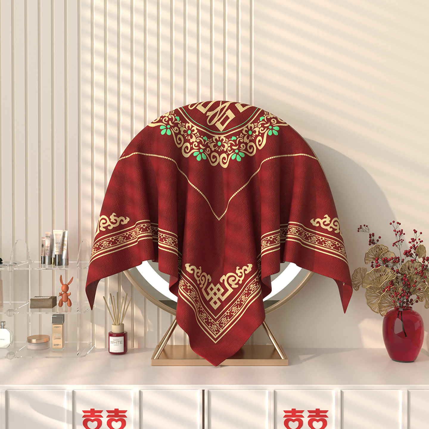 镜子盖布化妆镜防尘罩结婚红色喜庆盖巾梳妆台婚房布置