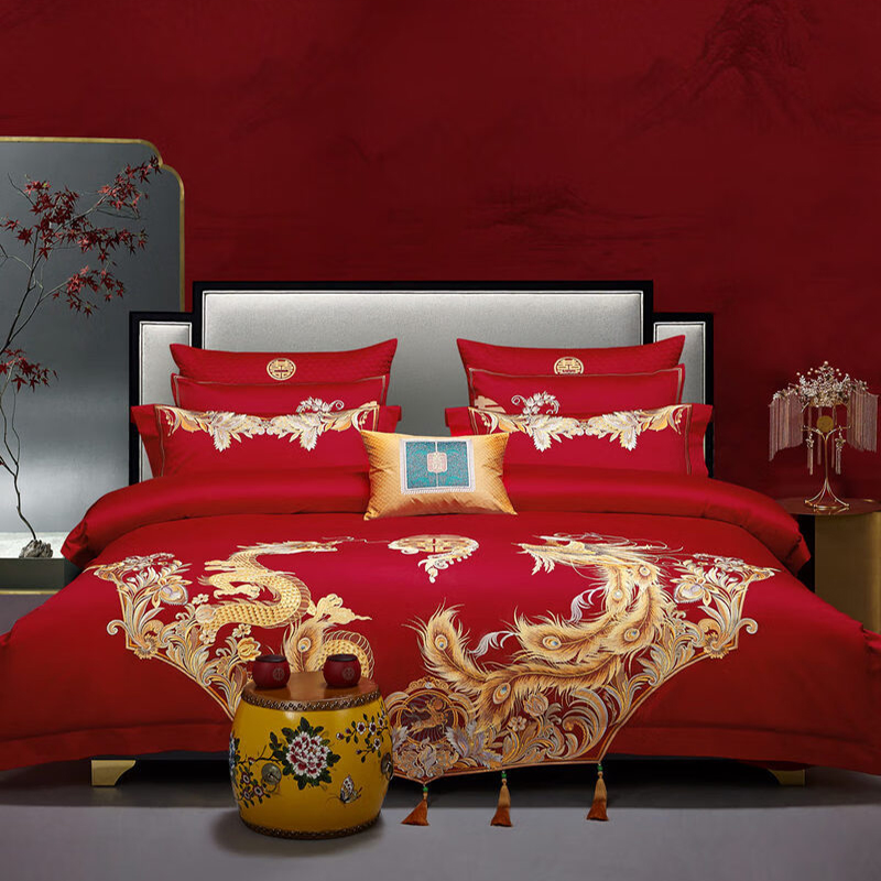 水星家纺 60S长绒棉高级龙凤到喜刺绣婚礼床品四件套