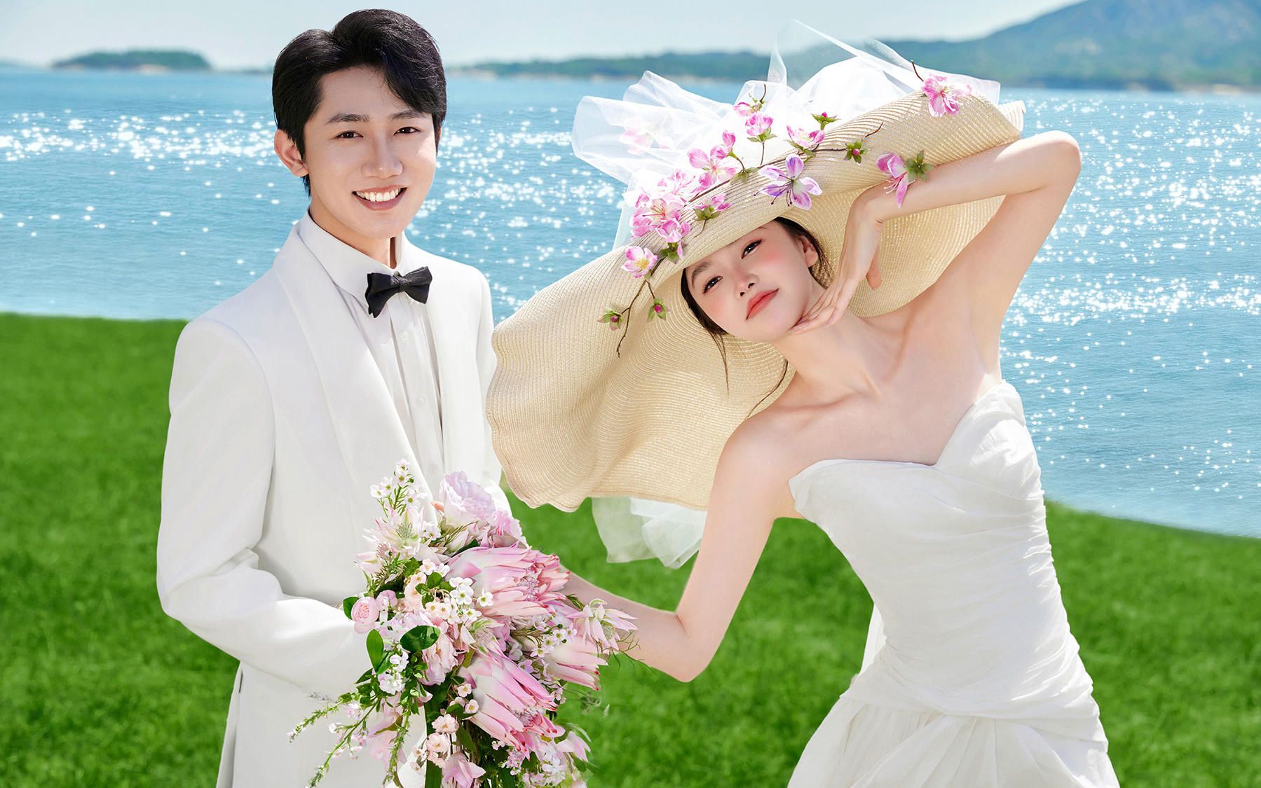 草坪湖边婚纱照｜大帽一戴，浪漫自来