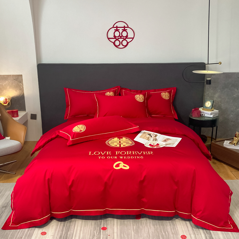婚慶四件套新中式磨毛刺繡965587（床單+被套+2個枕套）