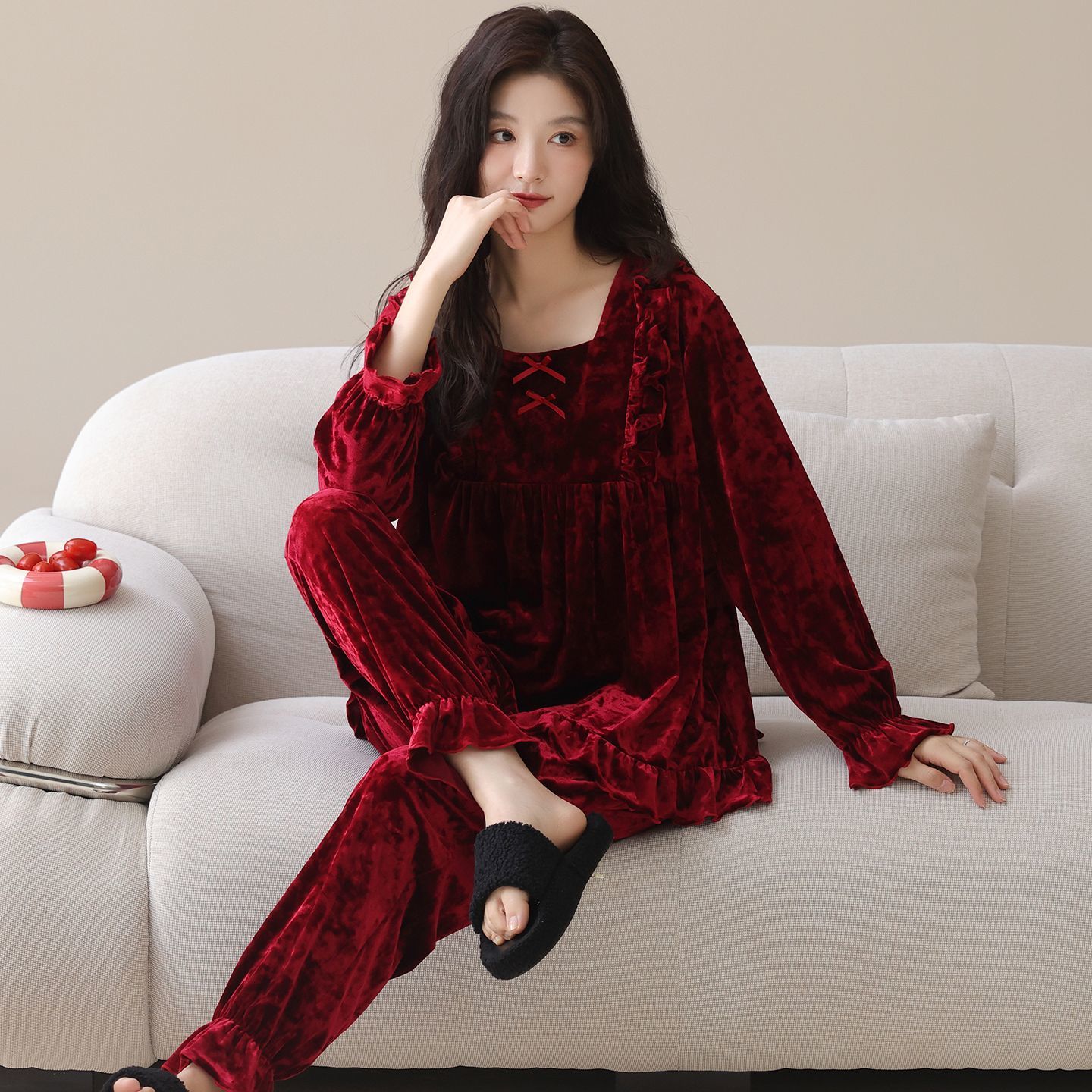 秋冬季钻石金丝绒加厚情侣睡衣