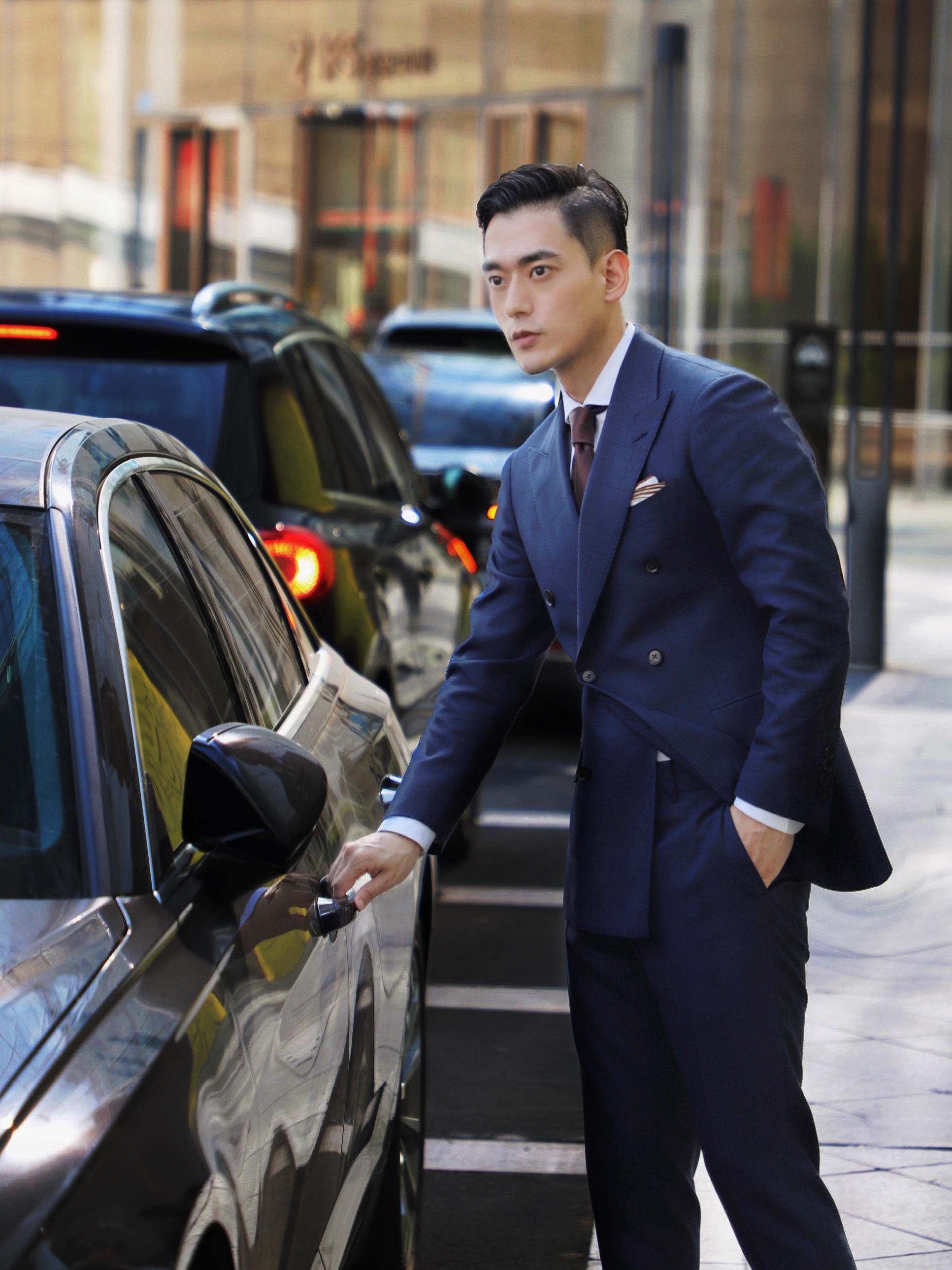 婚礼西服|商务男士|蓝色格纹西装租赁