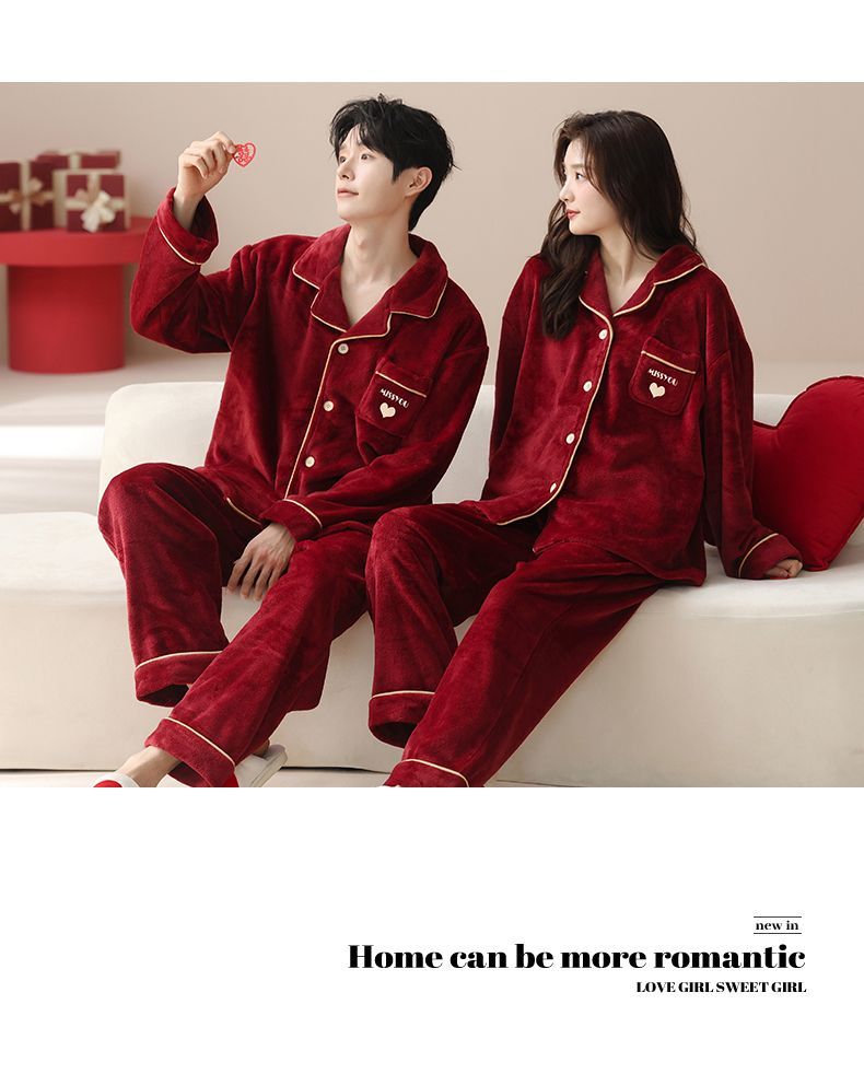 秋冬季法蘭絨紅色情侶睡衣