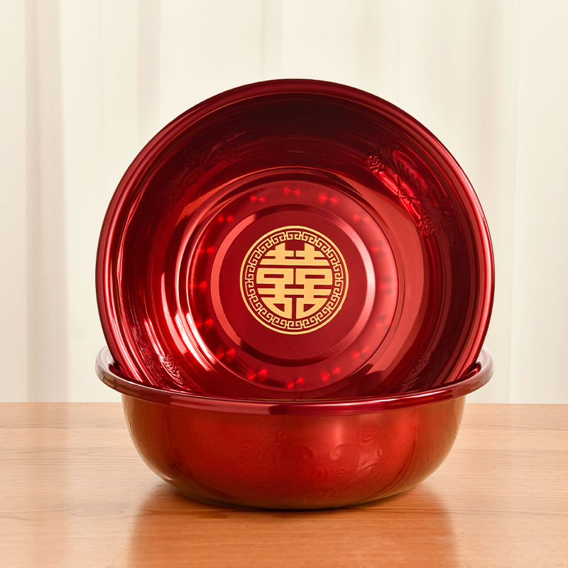  駱易家 2個裝不銹鋼喜盆紅臉盆新娘陪嫁