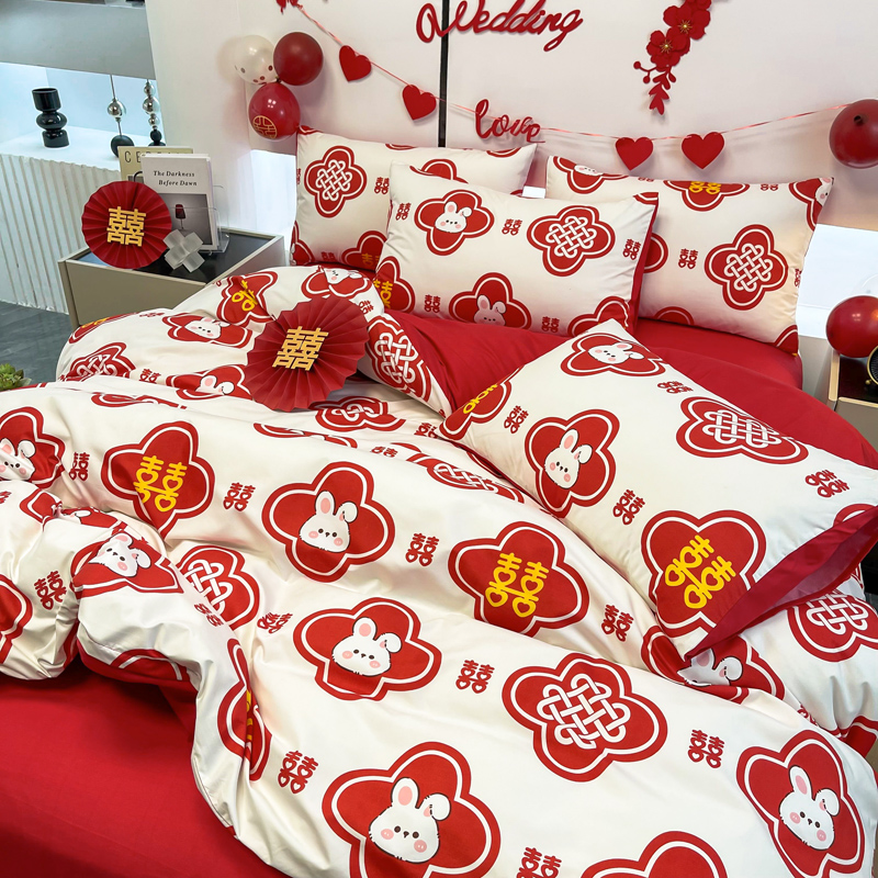 印花婚慶四件套2241655（床單/床笠+被套+2個(gè)枕套）