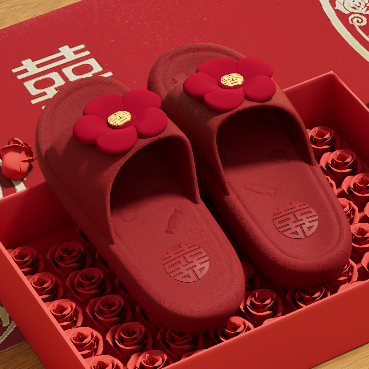 夏季拖鞋结婚喜庆红色一对情侣婚庆婚礼陪嫁室内防滑轻便浴室凉拖