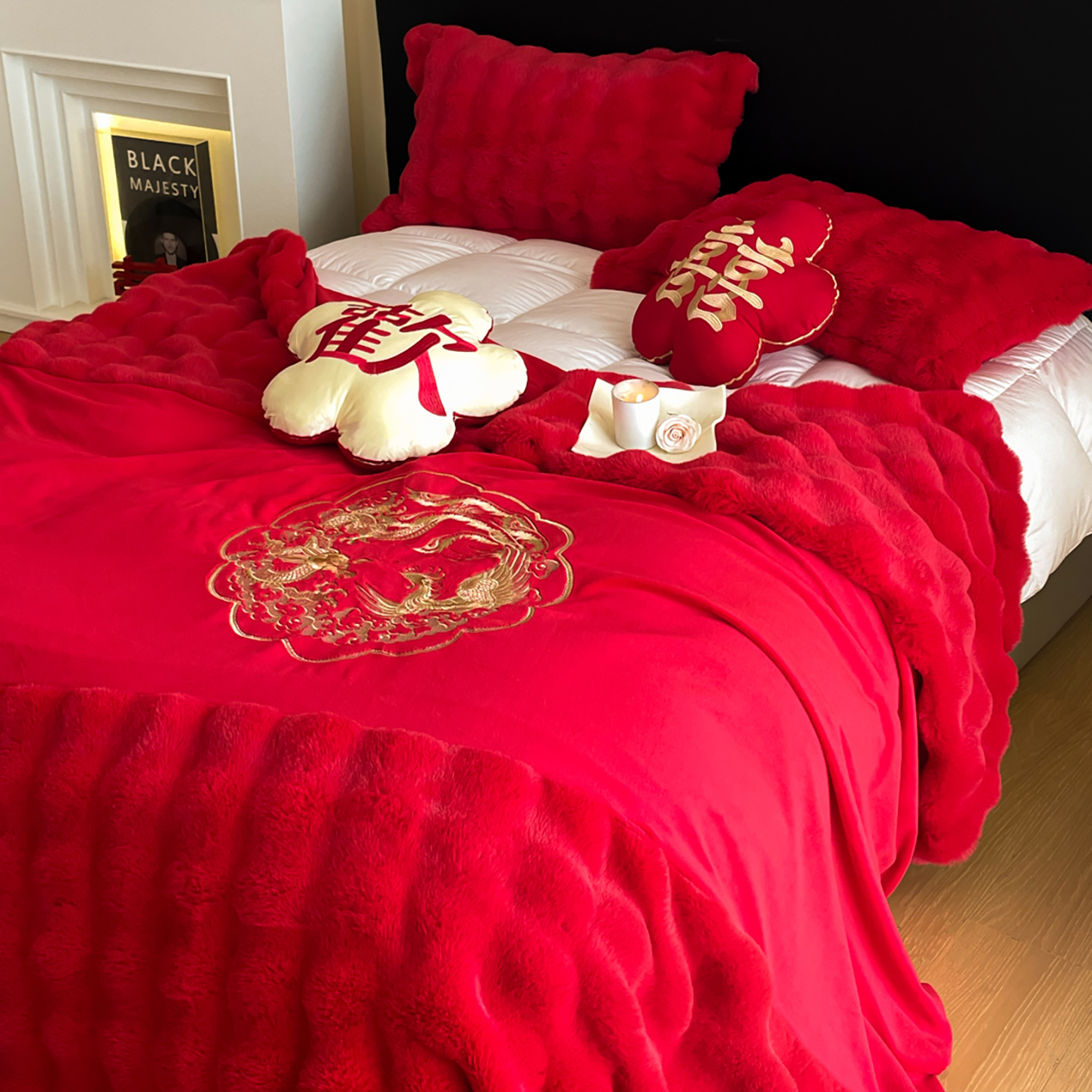 新款婚庆兔毛绒多功能毛毯被套两用豆豆被