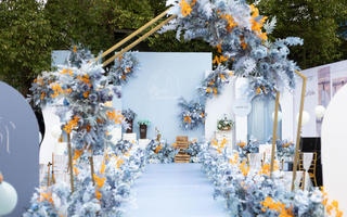 庭院家门口饱满高级的蓝橙色婚礼